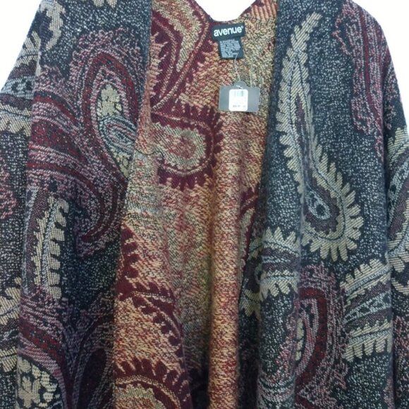 Avenue  Knit Ruana Wrap Shawl Tapestry Paisley Black Burgundy Fringe Plus Sized - Picture 4 of 13